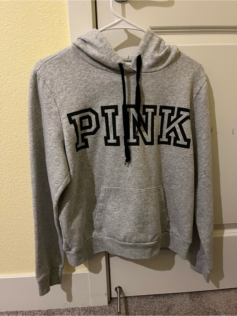 PINK Victoria's Secret Light Gray Women's Zip-Up Hoodie with Black Drawstrings
